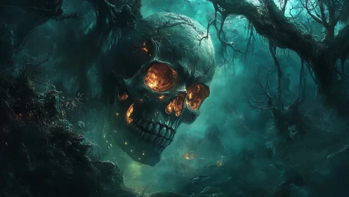Colossal burning skull suspended in misted haunted forest.
