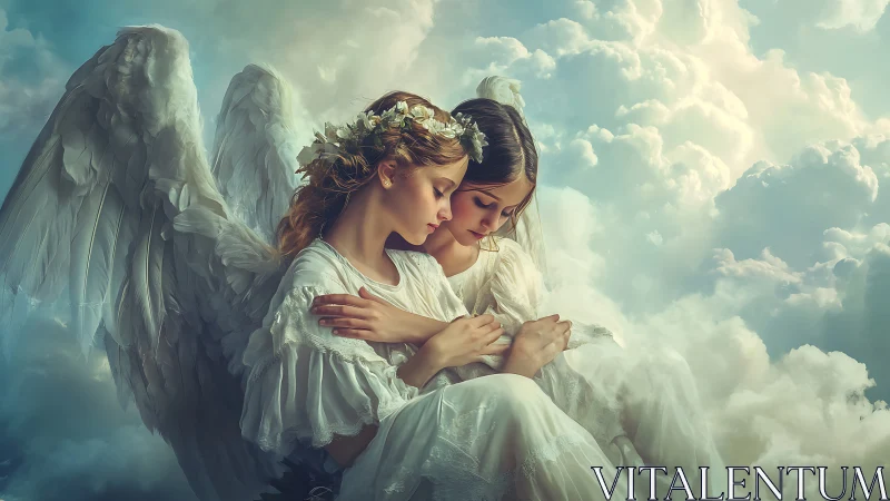 Two winged female figures sit closely within dense clouds