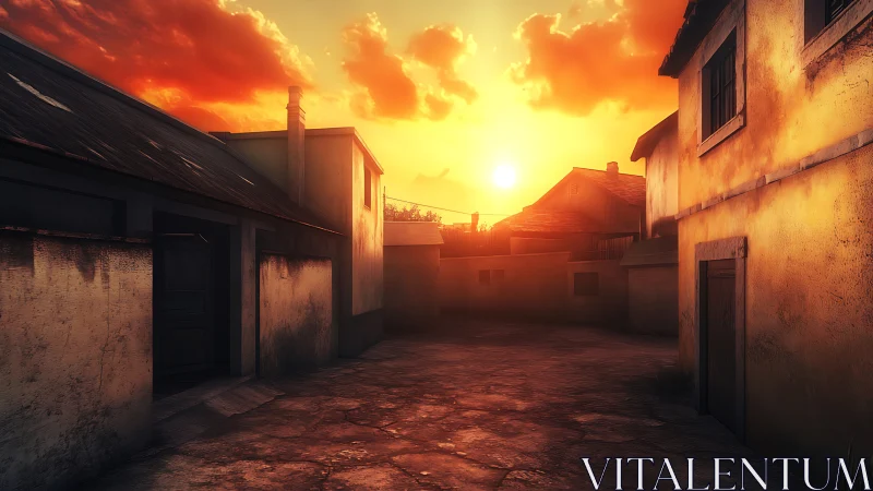 Low-rise alleyway structures are lit by a saturated sunset sky