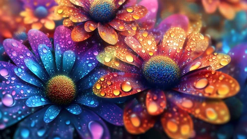 Multicolored flowers with water droplets and gradient lighting effects.