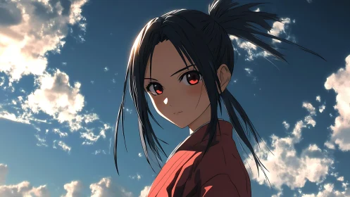 Calm skyward gaze of a red-eyed girl in soft sunset light.