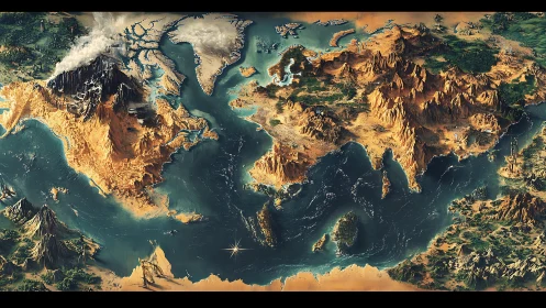 Panoramic fantasy world map renders continents in sculpted relief