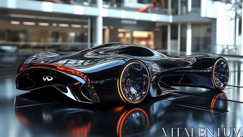 Futuristic black hypercar with fluid reflective bodywork in studio.