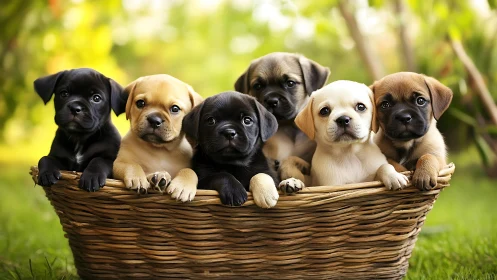 Mixed-breed puppies rest together inside woven basket outdoors