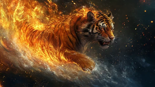 Fire and water collide as a blazing tiger surges forward