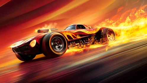 Flaming muscle car racing through molten sunset highway.