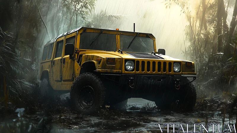 Yellow off-road SUV crossing muddy jungle trail.