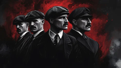 Four suited men in flat caps stand against red painted background