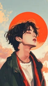 Side-profile digital portrait shows figure before red sun