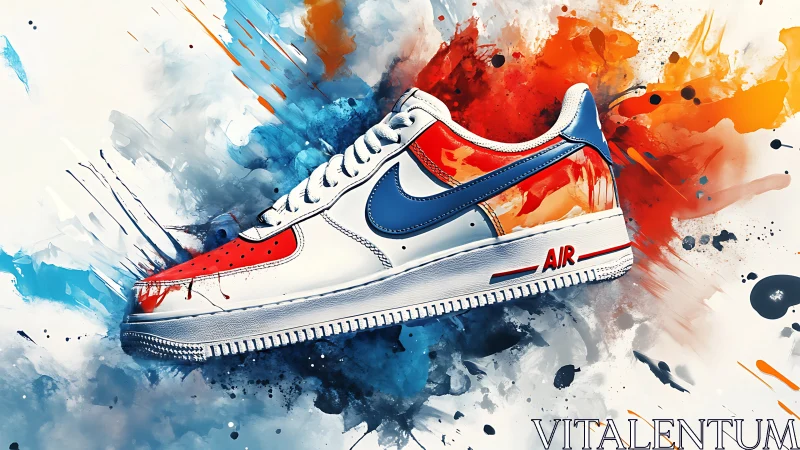 Custom white sneaker explodes with dynamic paint splashes.