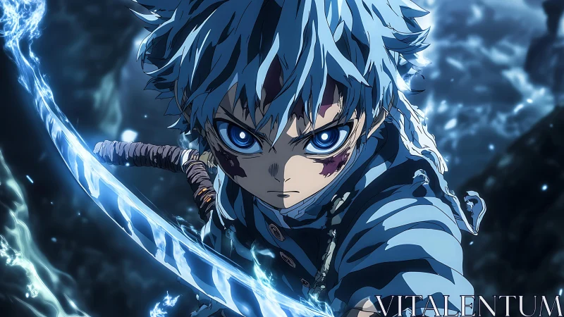 Blue haired anime swordsman with glowing blade and lightning arc
