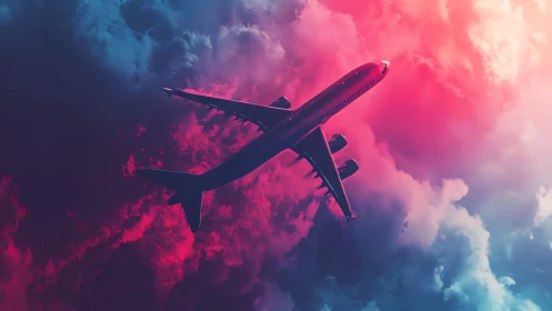 Commercial jet airliner in flight against colored clouds.