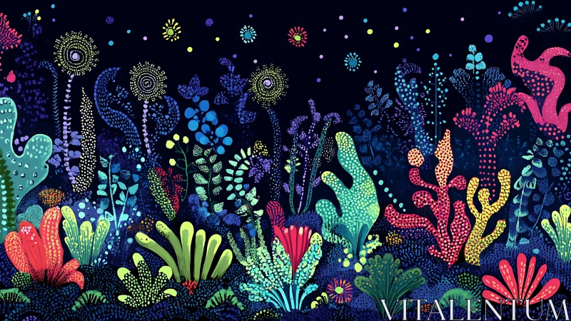 Neon coral forest glows against deep midnight ocean backdrop.