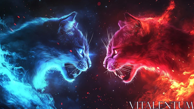 Dual Fire and Ice Feline Heads in Cosmic Battle