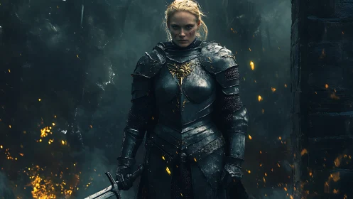 Armored warrior stands in smoked environment with embers visible