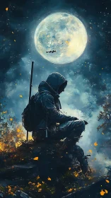 Moonlit wanderer rests quietly beneath a glowing full moon