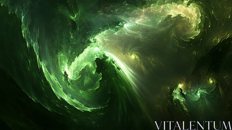 Green fractal vortexes curve through luminous dark space