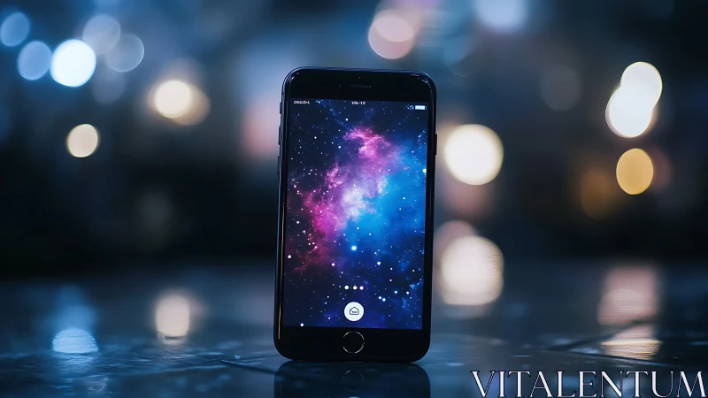 Smartphone with nebula display in shallow-depth night bokeh.