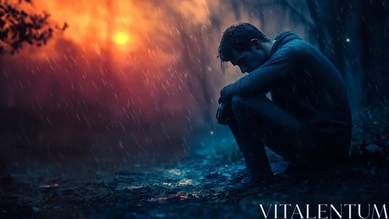 Solitary man kneels in stormlit rain under burning dusk sky.