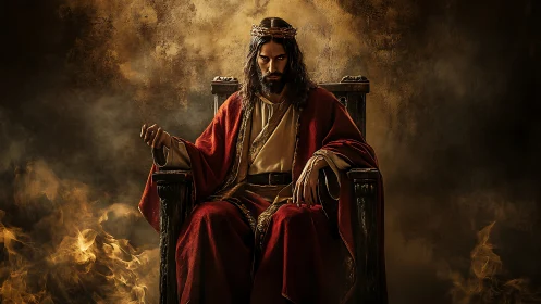 Digital messianic figure on throne amid dramatic firestorm.