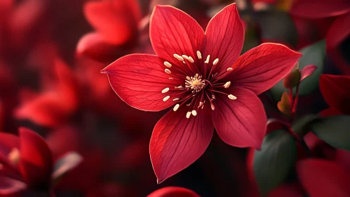Red hellebore flower with prominent stamens in sharp focus