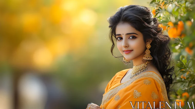 Chromatic portrait of sari-clad woman amid bokeh flora.