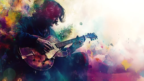 Electric guitarist immersed in abstract chromatic paint clouds
