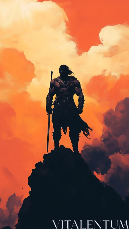 Solitary warrior silhouetted on peak at burning dusk sky.