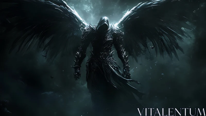 Winged armored figure hovers in dark, mist filled atmosphere