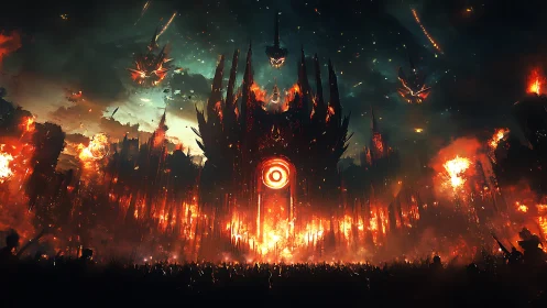 Infernal fortress looms over apocalyptic battlefield in flame.