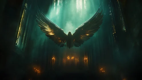 Luminescent winged figure suspended in misty gothic nave