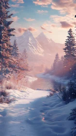 Winter path wanders toward soft pink mountains at sunrise