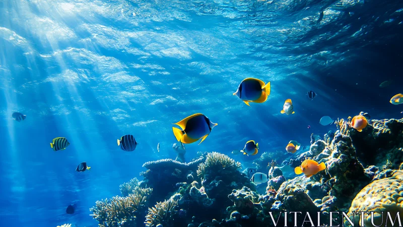 Sunlit reef ballet with neon fish pirouetting in blue hush.