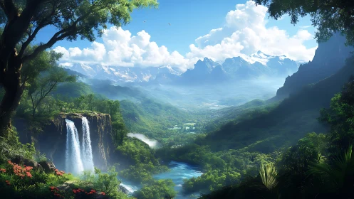 Peaceful mountain valley with bright waterfall and river view.