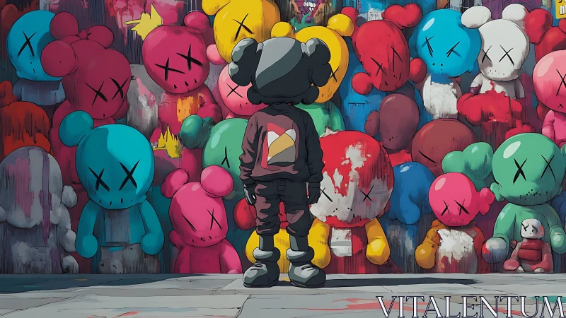 Figure observing wall of multicolored cartoon character graffiti.