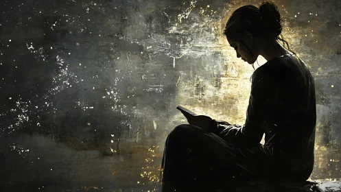 Solitary reader in golden chiaroscuro glow at dusk.