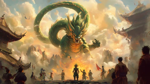 Mythic green dragon over temple courtyard in battle stance.