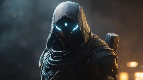 Neon hooded sentinel with glowing visor in stormy dusk.