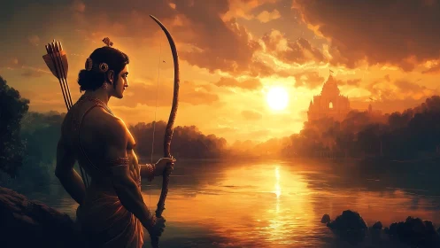 Warrior archer studies radiant temple sunset across river