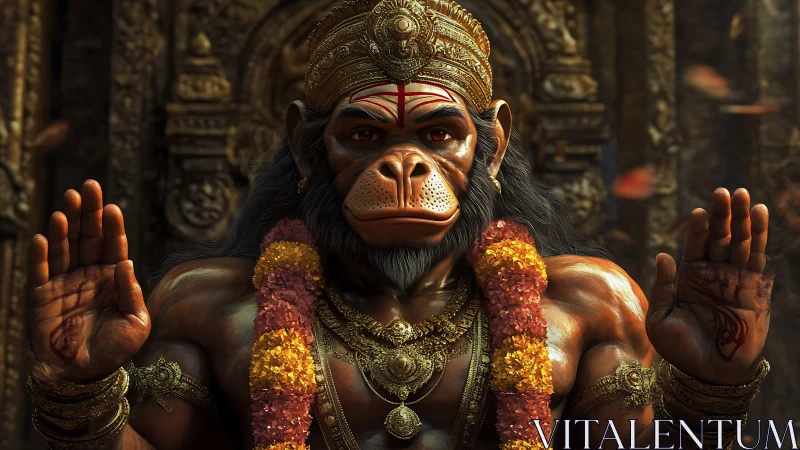 Divine monkey warrior idol in ornate temple setting.