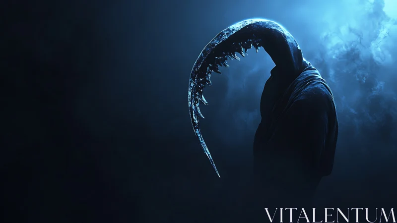 Mysterious hooded figure with a glowing crescent head.