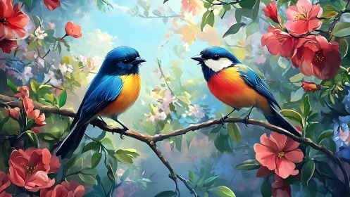 Vibrant songbirds perched among blooming pink flowers, digital art.