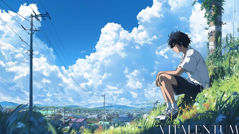 Solitary boy overlooks sunlit town under towering clouds.