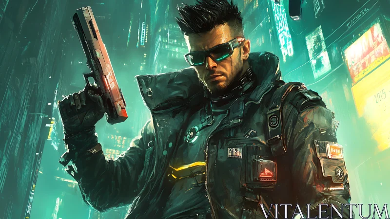 Armored cyberpunk operative aims pistol amid neon high-rises