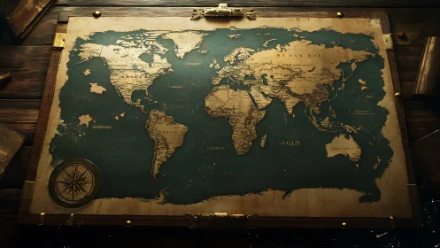 Vintage world map on wooden desk with compass detail.