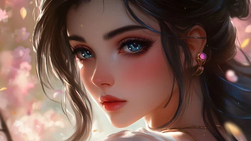 Digital portrait of woman with blue eyes in soft light.