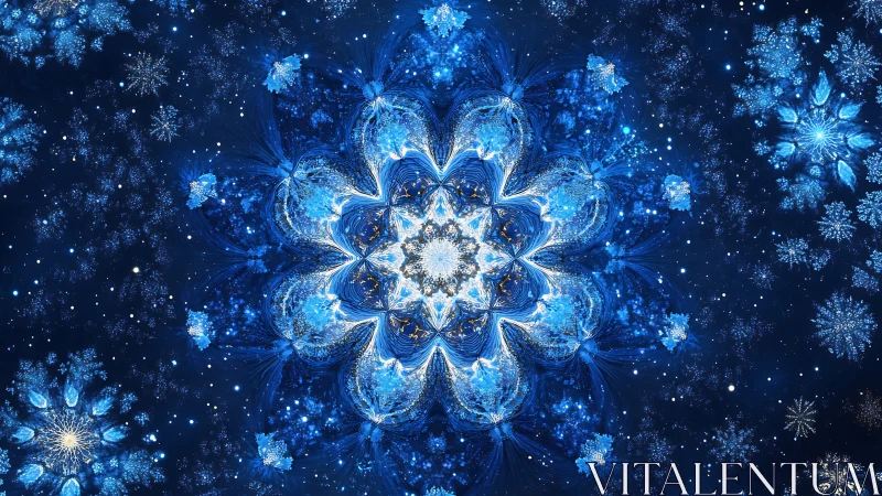 Blue fractal snowflake mandala radiates across dark field