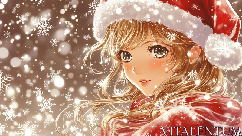 Girl in red winter clothing is surrounded by digital snowflakes