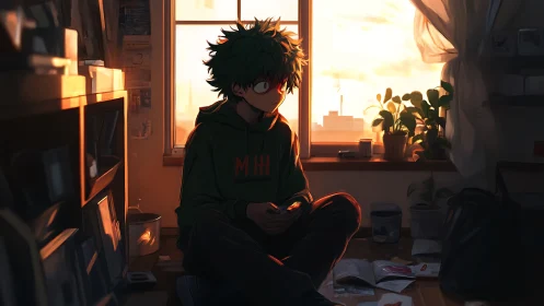 Sunset-soaked gamer drifts through a quiet, cluttered room