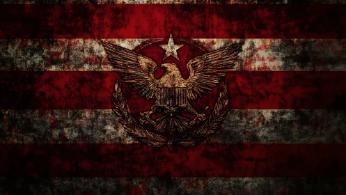 War-torn eagle crest blazing over grunge red battle stripes.